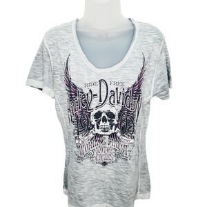 Harley Davidson  Gray Heathered V Neck Short Sleeve Skull Studded T-Shirt M
